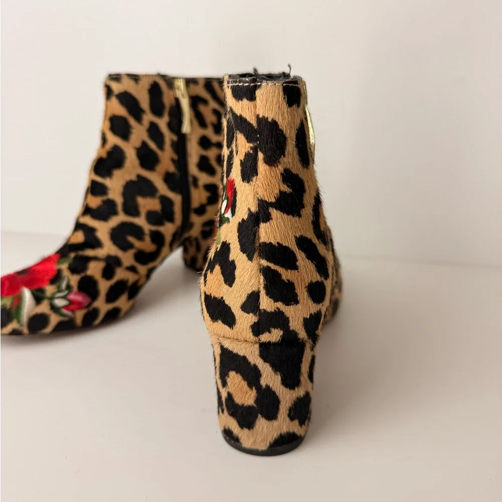 Kate Spade Langton Leopard Real Fur Calf Hair‎ Floral Embroidered Ankle Boots 6